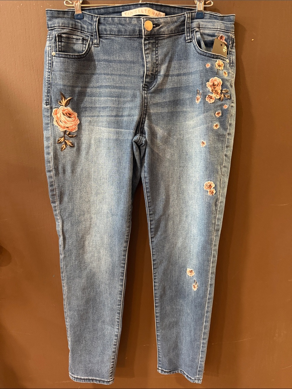 Tinseltown Light Blue Skinny Jeans with Pink Floral Embroidery